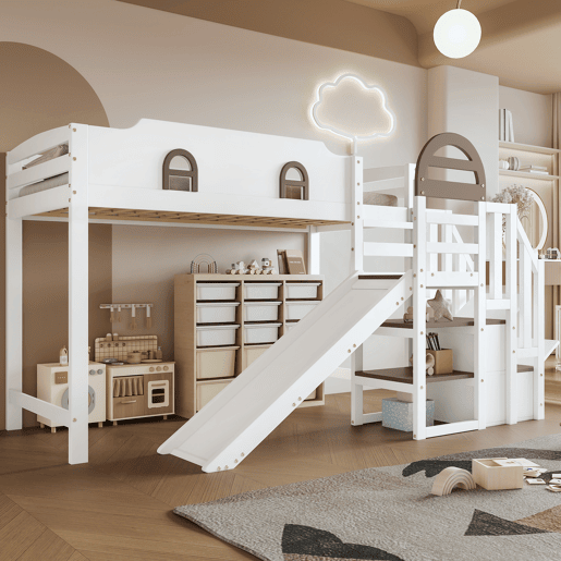 Beliche 90x200cm - Com janela, escorregador, escada com corrimão, 2 gavetas na escada, design versátil, grande capacidade de armazenamento - Branco+Madeira Beliche 90x200cm - Com janela, escorregador, escada com corrimão, 2 gavetas na escada, design versátil, grande capacidade de armazenamento - Branco+Madeira