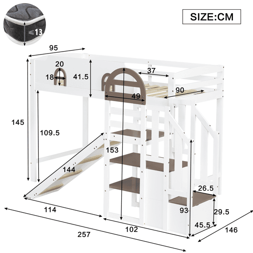 Beliche 90x200cm - Com janela, escorregador, escada com corrimão, 2 gavetas na escada, design versátil, grande capacidade de armazenamento - Branco+Madeira Beliche 90x200cm - Com janela, escorregador, escada com corrimão, 2 gavetas na escada, design versátil, grande capacidade de armazenamento - Branco+Madeira