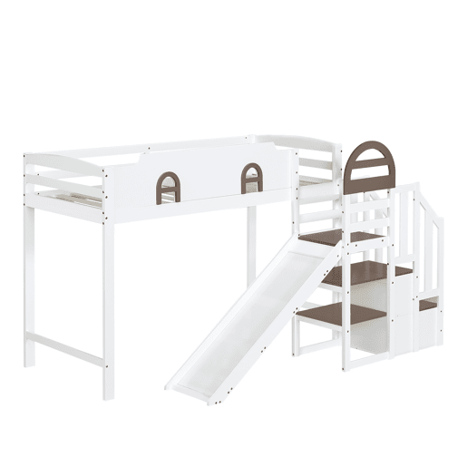 Beliche 90x200cm - Com janela, escorregador, escada com corrimão, 2 gavetas na escada, design versátil, grande capacidade de armazenamento - Branco+Madeira Beliche 90x200cm - Com janela, escorregador, escada com corrimão, 2 gavetas na escada, design versátil, grande capacidade de armazenamento - Branco+Madeira