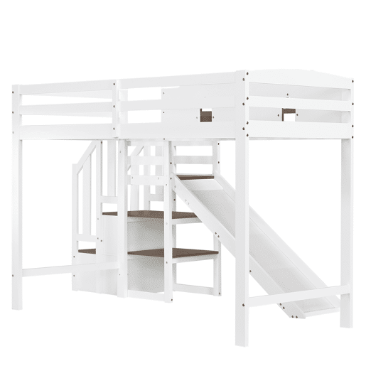 Beliche 90x200cm - Com janela, escorregador, escada com corrimão, 2 gavetas na escada, design versátil, grande capacidade de armazenamento - Branco+Madeira Beliche 90x200cm - Com janela, escorregador, escada com corrimão, 2 gavetas na escada, design versátil, grande capacidade de armazenamento - Branco+Madeira