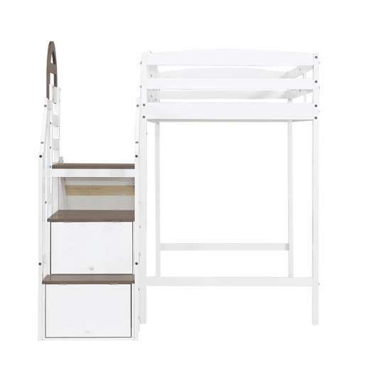 Beliche 90x200cm - Com janela, escorregador, escada com corrimão, 2 gavetas na escada, design versátil, grande capacidade de armazenamento - Branco+Madeira Beliche 90x200cm - Com janela, escorregador, escada com corrimão, 2 gavetas na escada, design versátil, grande capacidade de armazenamento - Branco+Madeira