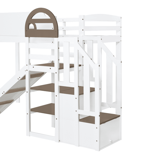 Beliche 90x200cm - Com janela, escorregador, escada com corrimão, 2 gavetas na escada, design versátil, grande capacidade de armazenamento - Branco+Madeira Beliche 90x200cm - Com janela, escorregador, escada com corrimão, 2 gavetas na escada, design versátil, grande capacidade de armazenamento - Branco+Madeira