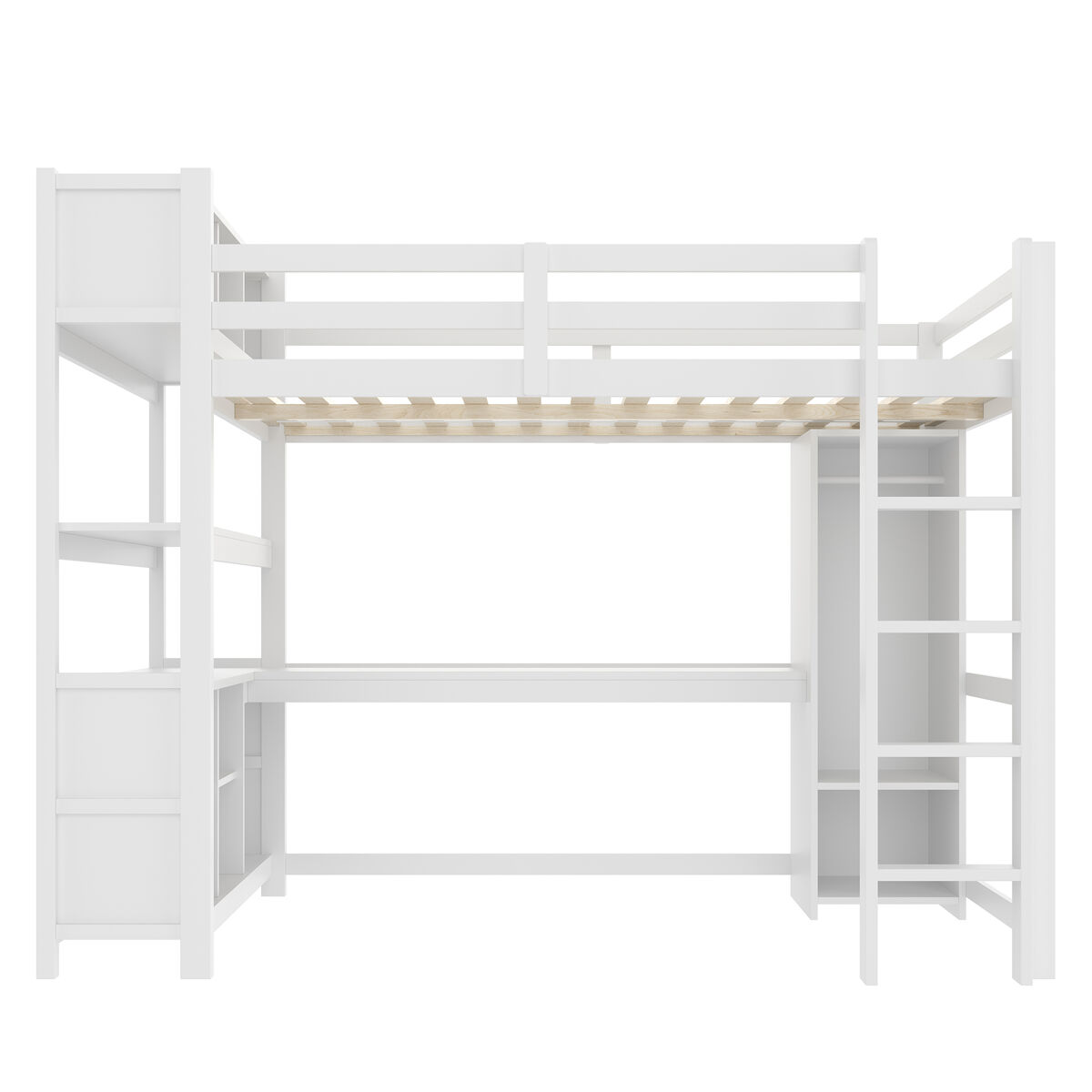 Cama alta 140x200 cm - estanterías, varios compartimentos, escritorio, armario - blanco