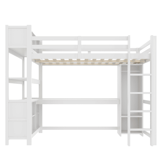 Cama alta 140x200 cm - Estantes, vários compartimentos, secretária, armário - Branco Cama alta 140x200 cm - Estantes, vários compartimentos, secretária, armário - Branco