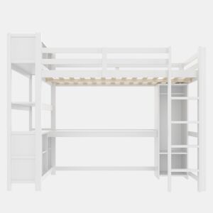 Cama alta 140x200 cm - Estantes, vários compartimentos, secretária, armário - Branco
