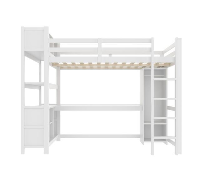 Cama alta 140x200 cm - estanterías, varios compartimentos, escritorio, armario - blanco