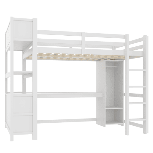 Cama alta 140x200 cm - Estantes, vários compartimentos, secretária, armário - Branco Cama alta 140x200 cm - Estantes, vários compartimentos, secretária, armário - Branco