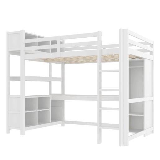 Cama alta 140x200 cm - Estantes, vários compartimentos, secretária, armário - Branco Cama alta 140x200 cm - Estantes, vários compartimentos, secretária, armário - Branco