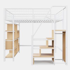 Cama alta multifuncional 140 x 200 cm - Com arrumação, prateleiras e escada - Branco