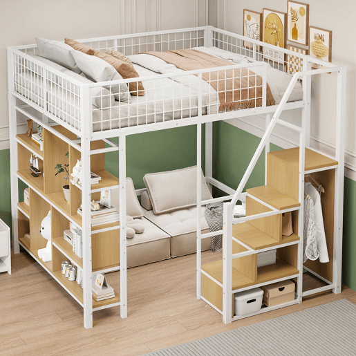 Cama alta multifuncional 140 x 200 cm - Com arrumação, prateleiras e escada - Branco Cama alta multifuncional 140 x 200 cm - Com arrumação, prateleiras e escada - Branco