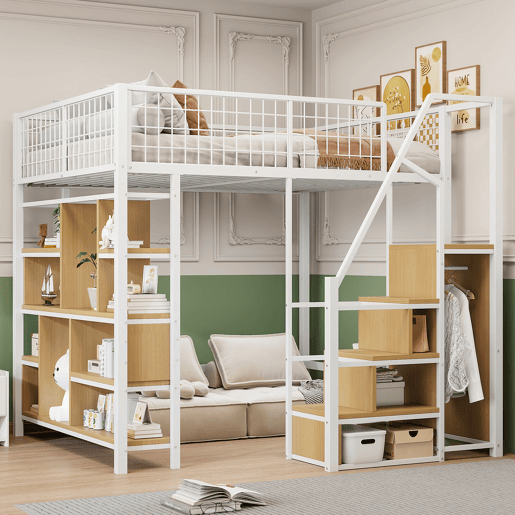 Cama alta multifuncional 140 x 200 cm - Com arrumação, prateleiras e escada - Branco Cama alta multifuncional 140 x 200 cm - Com arrumação, prateleiras e escada - Branco