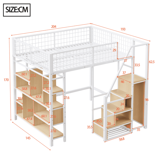 Cama alta multifuncional 140 x 200 cm - Com arrumação, prateleiras e escada - Branco Cama alta multifuncional 140 x 200 cm - Com arrumação, prateleiras e escada - Branco
