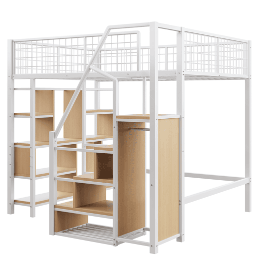 Cama alta multifuncional 140 x 200 cm - Com arrumação, prateleiras e escada - Branco Cama alta multifuncional 140 x 200 cm - Com arrumação, prateleiras e escada - Branco