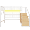 Cama alta metálica 140*200 cm - Com escada, arrumação e luzes LED controladas por APP - Branca