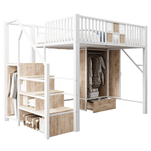 Cama alta metálica 140 x 200 cm - design distinto com grades em madeira e rede metálica, com roupeiro espaçoso, gavetas e escada com espaço de arrumação - branco