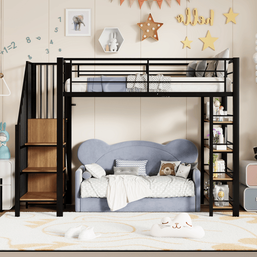 Cama alta 90*200 cm - Escada de segurança, arrumação e pequeno armário, prateleiras, design com cerca alta - Preto Cama alta 90*200 cm - Escada de segurança, arrumação e pequeno armário, prateleiras, design com cerca alta - Preto