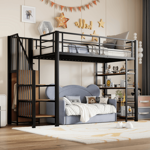 Cama alta 90*200 cm - Escada de segurança, arrumação e pequeno armário, prateleiras, design com cerca alta - Preto Cama alta 90*200 cm - Escada de segurança, arrumação e pequeno armário, prateleiras, design com cerca alta - Preto