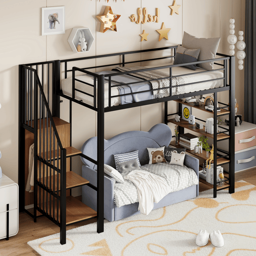 Cama alta 90*200 cm - Escada de segurança, arrumação e pequeno armário, prateleiras, design com cerca alta - Preto Cama alta 90*200 cm - Escada de segurança, arrumação e pequeno armário, prateleiras, design com cerca alta - Preto