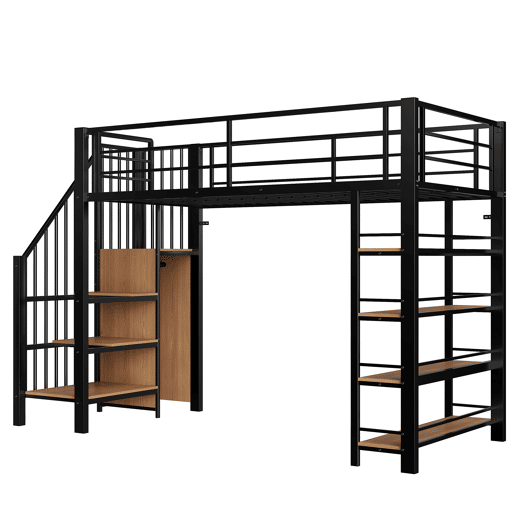 Cama alta 90*200 cm - Escada de segurança, arrumação e pequeno armário, prateleiras, design com cerca alta - Preto Cama alta 90*200 cm - Escada de segurança, arrumação e pequeno armário, prateleiras, design com cerca alta - Preto