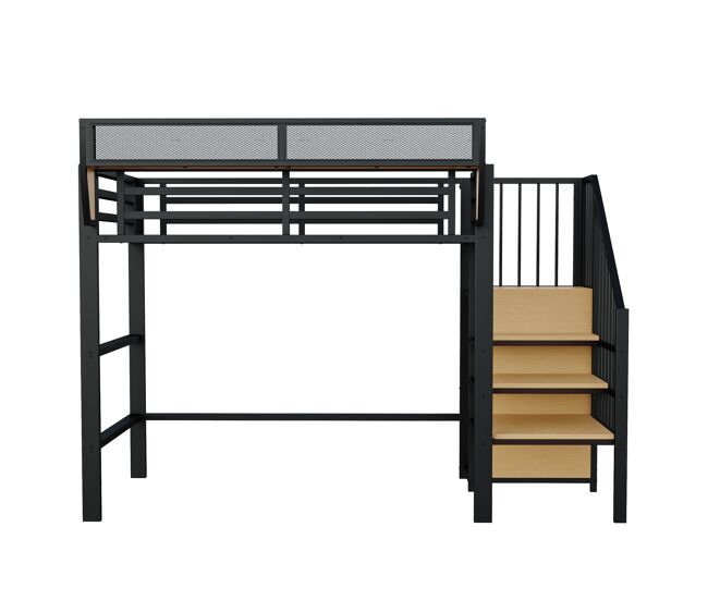 Cama alta 90x200 - con escalera de seguridad y espacio de almacenamiento flexible - negro