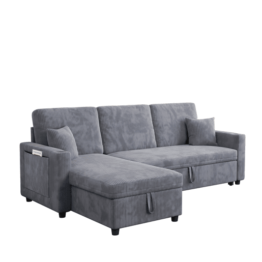 Sofá-cama de canto L de 3 lugares - modular com chaise longue, função de cama e arrumação - cinzento Sofá-cama de canto L de 3 lugares - modular com chaise longue, função de cama e arrumação - cinzento