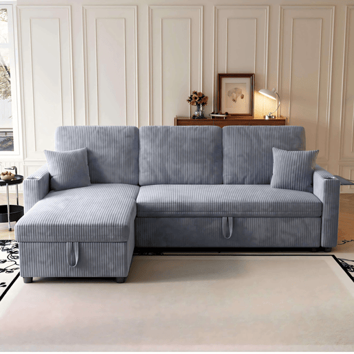 Sofá-cama de canto L de 3 lugares - modular com chaise longue, função de cama e arrumação - cinzento Sofá-cama de canto L de 3 lugares - modular com chaise longue, função de cama e arrumação - cinzento