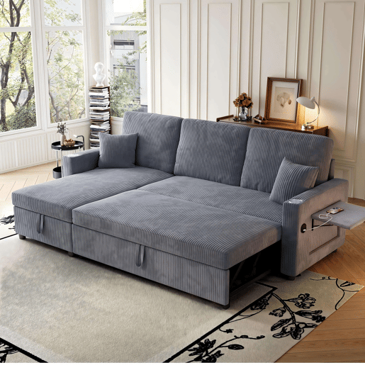 Sofá-cama de canto L de 3 lugares - modular com chaise longue, função de cama e arrumação - cinzento Sofá-cama de canto L de 3 lugares - modular com chaise longue, função de cama e arrumação - cinzento