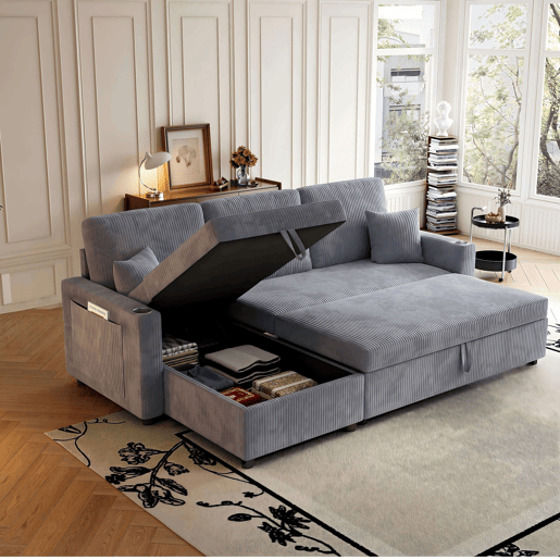 Sofá-cama de canto L de 3 lugares - modular com chaise longue, função de cama e arrumação - cinzento Sofá-cama de canto L de 3 lugares - modular com chaise longue, função de cama e arrumação - cinzento