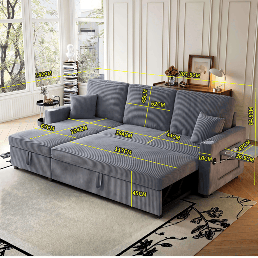 Sofá-cama de canto L de 3 lugares - modular com chaise longue, função de cama e arrumação - cinzento Sofá-cama de canto L de 3 lugares - modular com chaise longue, função de cama e arrumação - cinzento