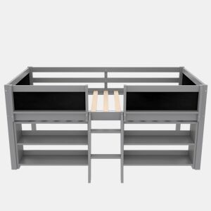 Cama semi-alta 90x200 cm - Prateleiras de armazenamento, Corrimão, Escada, Estilo minimalista, Cinza