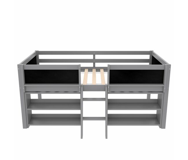 Cama semi alta 90x200 cm - estantes de almacenamiento, barandilla, escalera, estilo minimalista, gris