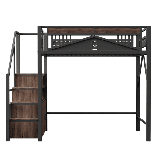 Cama alta metálica 140x200 cm - Cofre com janela, escada com armário - Preto Cama alta metálica 140x200 cm - Cofre com janela, escada com armário - Preto