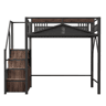 Cama alta metálica 140x200 cm - Cofre com janela, escada com armário - Preto