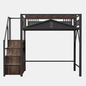 Cama alta metálica 140x200 cm - Cofre com janela, escada com armário - Preto