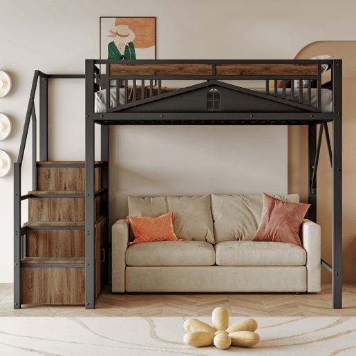 Cama alta metálica 140x200 cm - Cofre com janela, escada com armário - Preto Cama alta metálica 140x200 cm - Cofre com janela, escada com armário - Preto