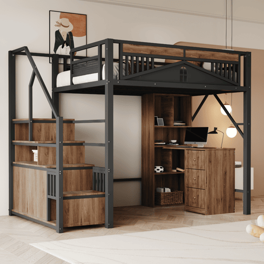 Cama alta metálica 140x200 cm - Cofre com janela, escada com armário - Preto Cama alta metálica 140x200 cm - Cofre com janela, escada com armário - Preto