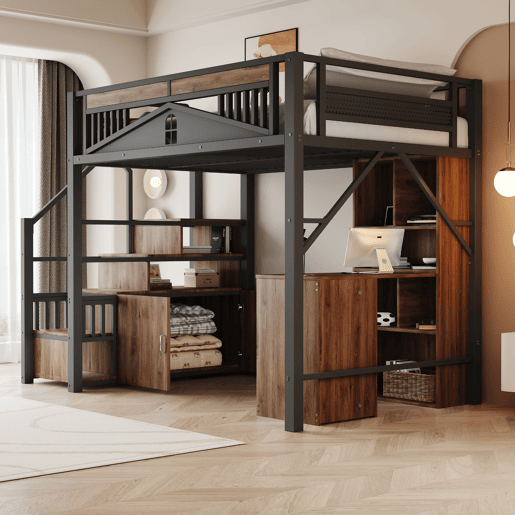 Cama alta metálica 140x200 cm - Cofre com janela, escada com armário - Preto Cama alta metálica 140x200 cm - Cofre com janela, escada com armário - Preto