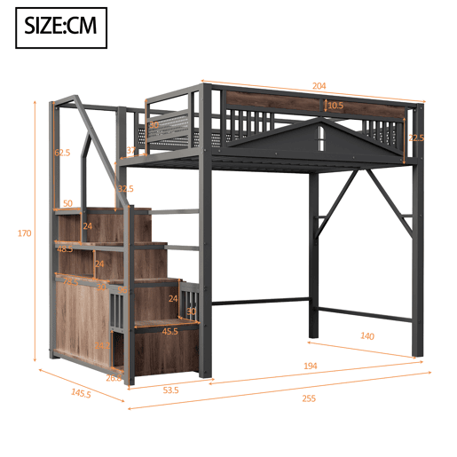 Cama alta metálica 140x200 cm - Cofre com janela, escada com armário - Preto Cama alta metálica 140x200 cm - Cofre com janela, escada com armário - Preto