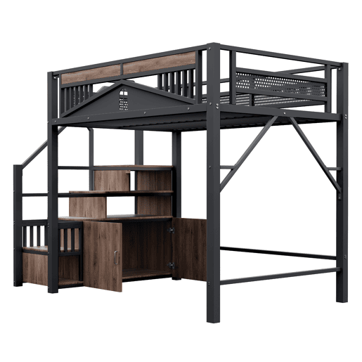 Cama alta metálica 140x200 cm - Cofre com janela, escada com armário - Preto Cama alta metálica 140x200 cm - Cofre com janela, escada com armário - Preto
