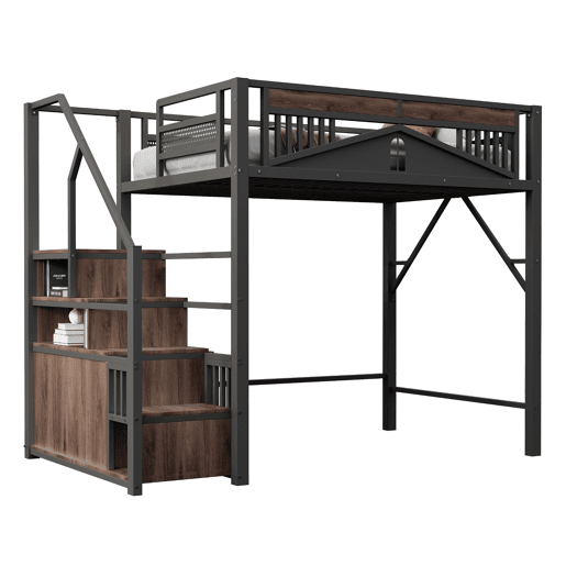 Cama alta metálica 140x200 cm - Cofre com janela, escada com armário - Preto Cama alta metálica 140x200 cm - Cofre com janela, escada com armário - Preto
