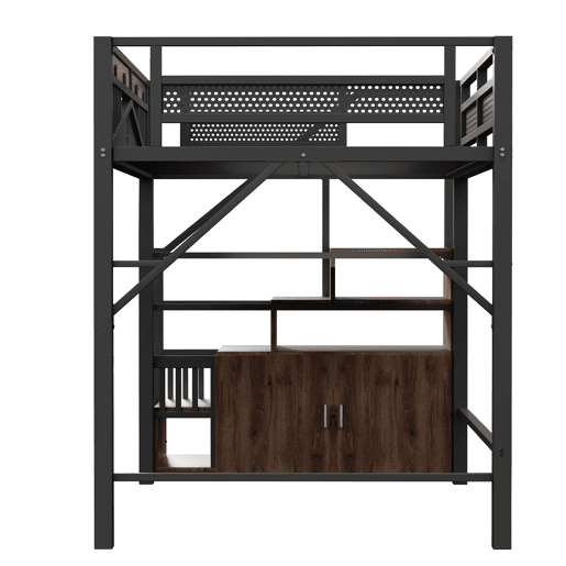 Cama alta metálica 140x200 cm - Cofre com janela, escada com armário - Preto Cama alta metálica 140x200 cm - Cofre com janela, escada com armário - Preto
