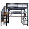 Cama alta metálica 140x200 - Secretária comprida, painel perfurado, várias prateleiras, luz LED, tomada Euro, grade alta - Preto