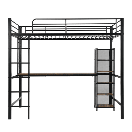 Cama alta 90x200 - Cama de ferro com secretária e estante múltipla, grade e escada robusta - Preto + Madeira escura