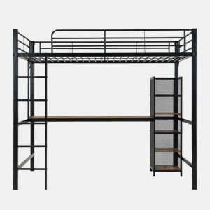 Cama alta 90x200 - Cama de ferro com secretária e estante múltipla, grade e escada robusta - Preto + Madeira escura