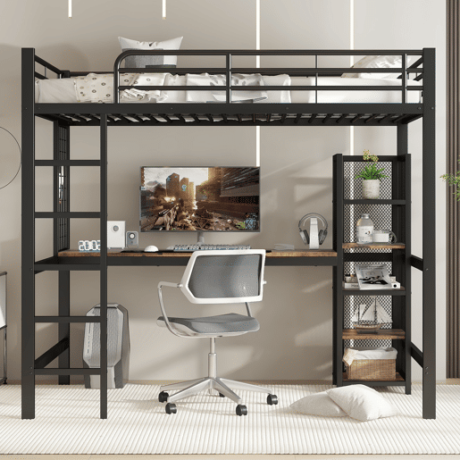 Cama alta 90x200 - Cama de ferro com secretária e estante múltipla, grade e escada robusta - Preto + Madeira escura