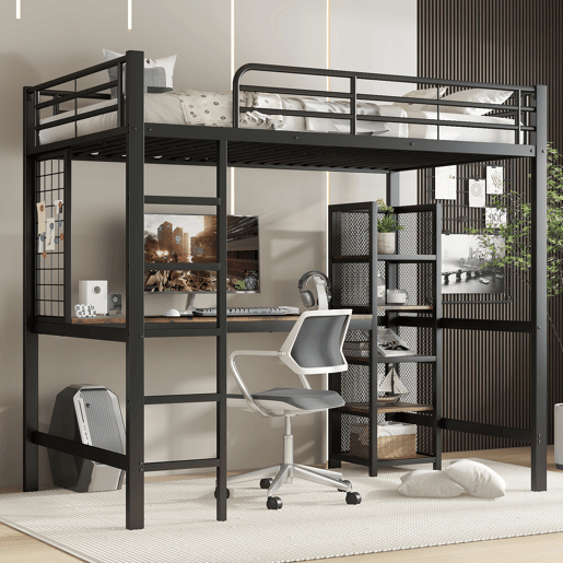 Cama alta 90x200 - Cama de ferro com secretária e estante múltipla, grade e escada robusta - Preto + Madeira escura