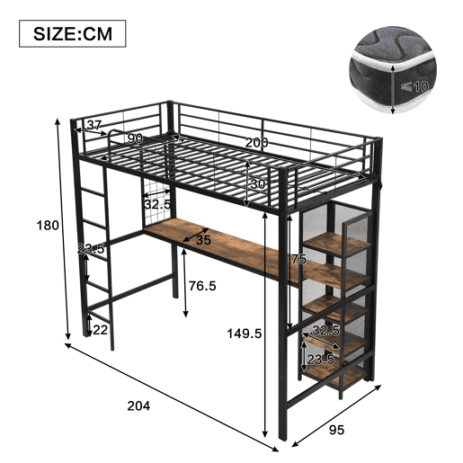 Cama alta 90x200 - Cama de ferro com secretária e estante múltipla, grade e escada robusta - Preto + Madeira escura