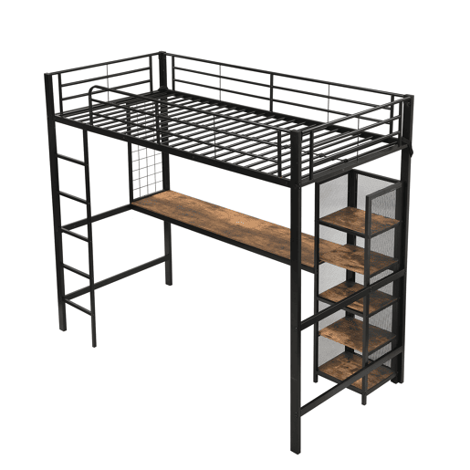 Cama alta 90x200 - Cama de ferro com secretária e estante múltipla, grade e escada robusta - Preto + Madeira escura