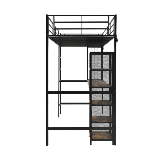 Cama alta 90x200 - Cama de ferro com secretária e estante múltipla, grade e escada robusta - Preto + Madeira escura