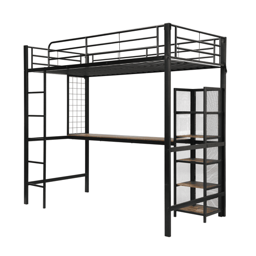 Cama alta 90x200 - Cama de ferro com secretária e estante múltipla, grade e escada robusta - Preto + Madeira escura